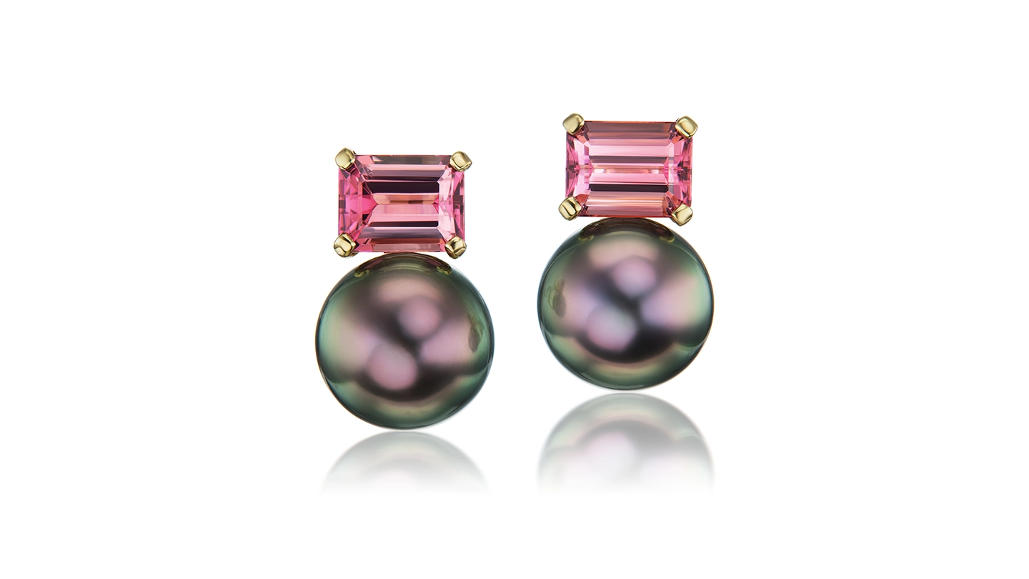 Earrings set with peacock Tahitian pearls and emerald cut pink tourmalines Earrings set with peacock Tahitian pearls and emerald cut pink tourmalines