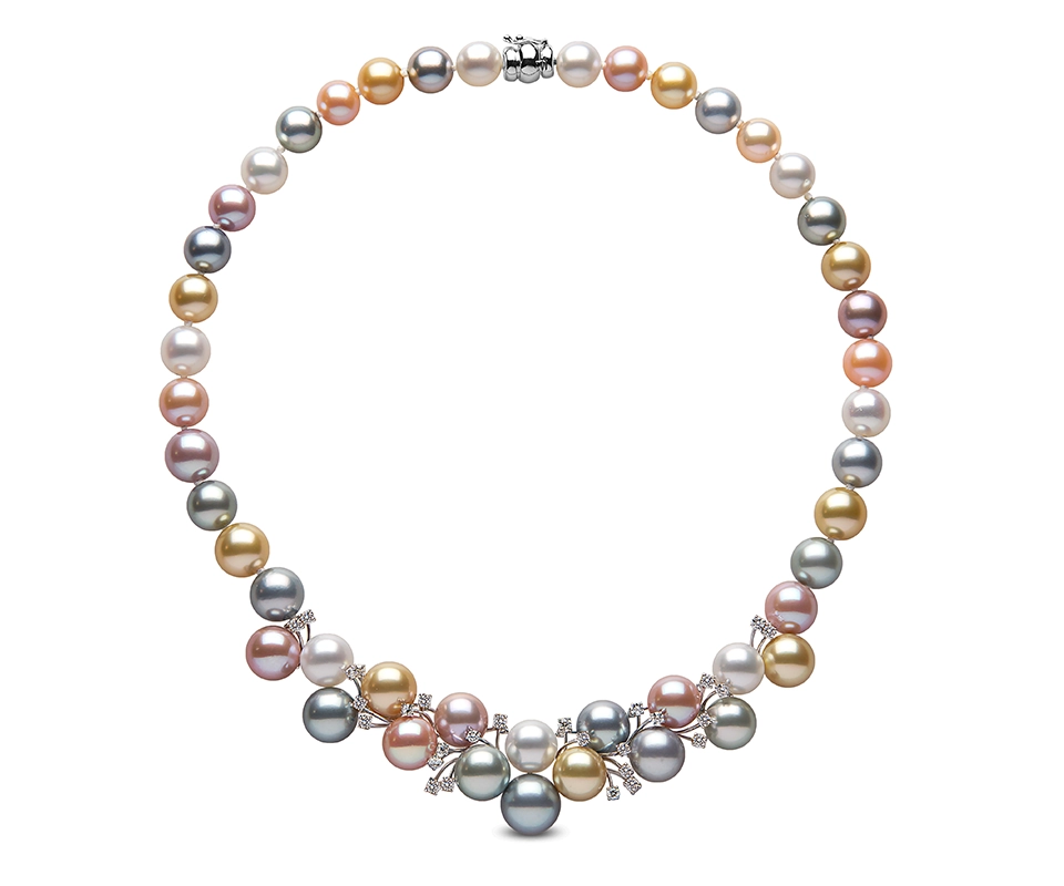 This colorful strand contains all four major cultured pearl types. Seen here are pink freshwater, white akoya, gray Tahitian and golden South Sea pearls that range from 9.5 – 12 mm. Courtesy: Yoko London @yokolondonpearls