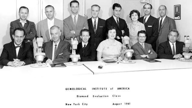 GIA Diamond Evaluation Class, NYC, August 1961. Left to right: front row - Al Berger, Harry Ward, Jean Claude River, Helene Fortunoff, George Crevier, Martin Busch. Standing - Harold Smith, William Heitz, Charles Syer, Noel Murphy, Lee Runsdorf, Eunice Miles, Robert Crowningshield, Bert Krashes. GIA Diamond Evaluation Class, NYC, August 1961. Left to right: front row - Al Berger, Harry Ward, Jean Claude River, Helene Fortunoff, George Crevier, Martin Busch. Standing - Harold Smith, William Heitz, Charles Syer, Noel Murphy, Lee Runsdorf, Eunice Miles, Robert Crowningshield, Bert Krashes.