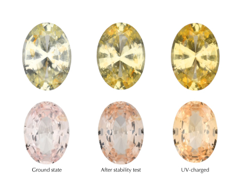 Any color-unstable sapphire will exhibit the behavior of gaining yellow or orange color during the stability test if starting from the ground state, such as this yellow sapphire (0.64 ct) and padparadscha sapphire (0.89 ct). The color produced from charging with a UV light is also shown. Photos by Diego Sanchez (top row) and Adriana Gudino (bottom row).