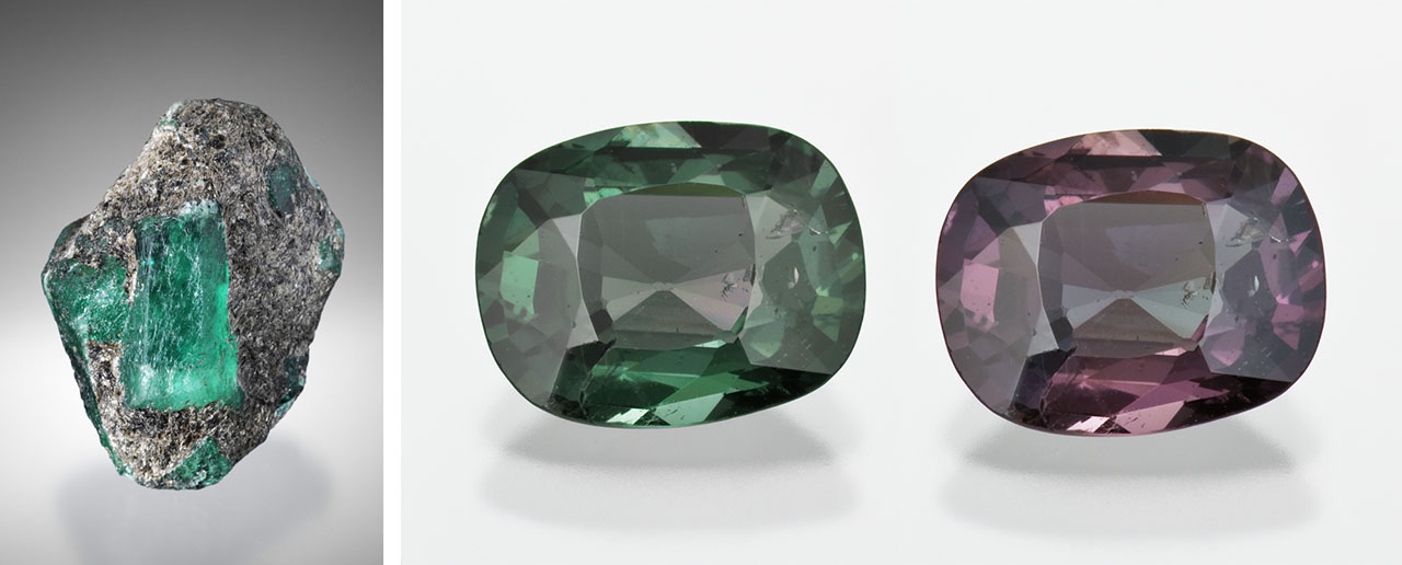 The Russian Ural Mountains host a number of gem deposits producing samples such as emerald (290 ct; left) and alexandrite (2.85 ct; right, shown in daylight equivalent and incandescent illumination). Photos by Robert Weldon; courtesy of R.T. Boyd Limited (left) and GIA’s Dr. Edward J. Gübelin collection (right). The Russian Ural Mountains host a number of gem deposits producing samples such as emerald (290 ct; left) and alexandrite (2.85 ct; right, shown in daylight equivalent and incandescent illumination). Photos by Robert Weldon; courtesy of R.T. Boyd Limited (left) and GIA’s Dr. Edward J. Gübelin collection (right).