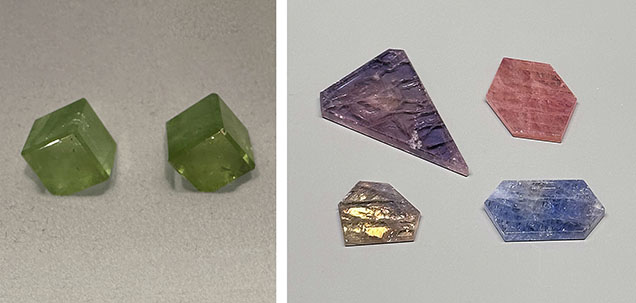 Figure 10. Left: A pair of 7.5 mm tourmaline cubes totaling 12.14 carats. Photo by Lisa Kennedy; courtesy of M.T. Mohr. Right: Natural sapphire slabs from Umba Valley in Tanzania ranging from 7.73 ct (yellow) to 26.40 ct (purple). Photo by Jennifer Stone-Sundberg; courtesy of Misfit Diamonds. Figure 10. Left: A pair of 7.5 mm tourmaline cubes totaling 12.14 carats. Photo by Lisa Kennedy; courtesy of M.T. Mohr. Right: Natural sapphire slabs from Umba Valley in Tanzania ranging from 7.73 ct (yellow) to 26.40 ct (purple). Photo by Jennifer Stone-Sundberg; courtesy of Misfit Diamonds.