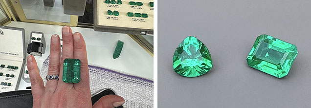 Figure 2. Laboratory-grown emeralds with color and overall appearance imitating Colombian emerald. Left: A 66.57 ct rectangular step cut measuring 30 × 22 mm. Right: A 1.72 ct trillion and a 2.20 ct rectangular step cut. Photos by Jennifer Stone-Sundberg; courtesy of RG Crystals. Figure 2. Laboratory-grown emeralds with color and overall appearance imitating Colombian emerald. Left: A 66.57 ct rectangular step cut measuring 30 × 22 mm. Right: A 1.72 ct trillion and a 2.20 ct rectangular step cut. Photos by Jennifer Stone-Sundberg; courtesy of RG Crystals.