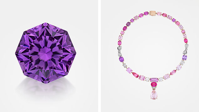 Figure 6. AGTA Buyer’s Choice Award winners. Cutting Edge Award (left): Ben Kho, 35.25 ct pink-purple octagonal-cut kunzite. Spectrum Award (right): Mimi So, 18K rose gold “Cotton Candy” necklace featuring a 16.71 ct pink pear-shaped kunzite, 4.05 ct vivid pink spinel, and 5.65 ct imperial topaz accented by sapphires, spinels, tourmalines, and diamonds. Photos by Jeff Mason Photography/AGTA; courtesy of Kho International Ltd. (left) and Mimi So (right). Figure 6. AGTA Buyer’s Choice Award winners. Cutting Edge Award (left): Ben Kho, 35.25 ct pink-purple octagonal-cut kunzite. Spectrum Award (right): Mimi So, 18K rose gold “Cotton Candy” necklace featuring a 16.71 ct pink pear-shaped kunzite, 4.05 ct vivid pink spinel, and 5.65 ct imperial topaz accented by sapphires, spinels, tourmalines, and diamonds. Photos by Jeff Mason Photography/AGTA; courtesy of Kho International Ltd. (left) and Mimi So (right).