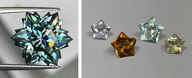 Figure 9. Left: 14.80 ct blue moissanite “Snowflake”; courtesy of Wobito. Right: Star-cut Montana sapphire in lilac and light yellow (4 mm each), Nigerian beryl in neon blue (5 mm), and orange Madeira citrine (5 mm). Photo by Jennifer Stone-Sundberg; courtesy of Columbia Gem House. Figure 9. Left: 14.80 ct blue moissanite “Snowflake”; courtesy of Wobito. Right: Star-cut Montana sapphire in lilac and light yellow (4 mm each), Nigerian beryl in neon blue (5 mm), and orange Madeira citrine (5 mm). Photo by Jennifer Stone-Sundberg; courtesy of Columbia Gem House.
