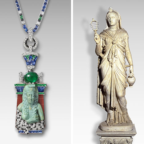 Figure 7. Left: “Egyptian necklace,” Cartier Paris, 1927–1928. Egyptian faience featuring diamonds, sapphires, emeralds, carnelian, turquoise, and onyx set in platinum and gold. This statuette of Isis nursing Horus comes from Cartier’s stock of apprêts, containing fragments from disassembled jewelry, watches, and other ancient objects. Right: Isis, second century CE. Marble. Courtesy of the Cartier collection (left) and the Capitoline Museums, Palazzo Nuovo, Rome (right). Figure 7. Left: “Egyptian necklace,” Cartier Paris, 1927–1928. Egyptian faience featuring diamonds, sapphires, emeralds, carnelian, turquoise, and onyx set in platinum and gold. This statuette of Isis nursing Horus comes from Cartier’s stock of apprêts, containing fragments from disassembled jewelry, watches, and other ancient objects. Right: Isis, second century CE. Marble. Courtesy of the Cartier collection (left) and the Capitoline Museums, Palazzo Nuovo, Rome (right).