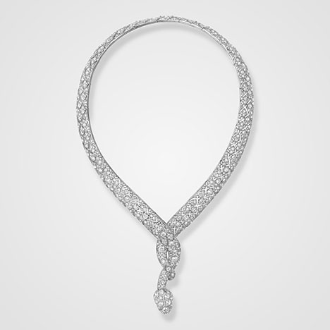 Figure 8. “Snake” necklace, Cartier Paris, 1919. Round old-cut diamonds set in platinum. The open back of the flexible necklace, which clasps where the tail entwines, allows light to pass through the diamonds. Courtesy of the Cartier collection. Figure 8. “Snake” necklace, Cartier Paris, 1919. Round old-cut diamonds set in platinum. The open back of the flexible necklace, which clasps where the tail entwines, allows light to pass through the diamonds. Courtesy of the Cartier collection.