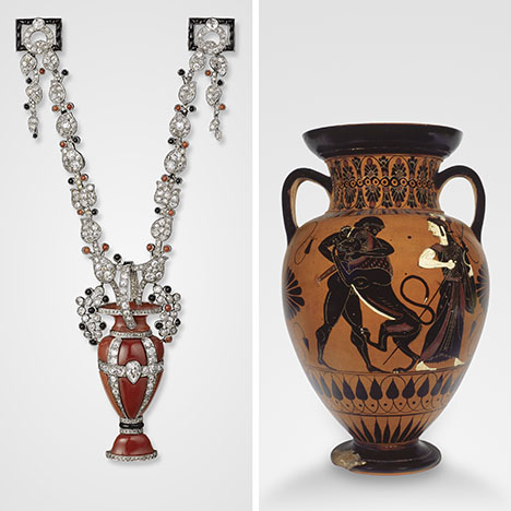 Figure 9. Left: Brooch/pendant, Cartier Paris, 1922. Pear-shaped, round old- and rose-cut diamonds, coral, and onyx set in platinum. The vase can be worn alone as a brooch or on a cord. Right: Black figure Attic amphora (vase), 550–500 CE, showing Hercules fighting the Nemean lion in the presence of Athena. Terra-cotta. Courtesy of the Cartier collection (left) and the Capitoline Museums, Centrale Montemartini, Rome (right). Figure 9. Left: Brooch/pendant, Cartier Paris, 1922. Pear-shaped, round old- and rose-cut diamonds, coral, and onyx set in platinum. The vase can be worn alone as a brooch or on a cord. Right: Black figure Attic amphora (vase), 550–500 CE, showing Hercules fighting the Nemean lion in the presence of Athena. Terra-cotta. Courtesy of the Cartier collection (left) and the Capitoline Museums, Centrale Montemartini, Rome (right).