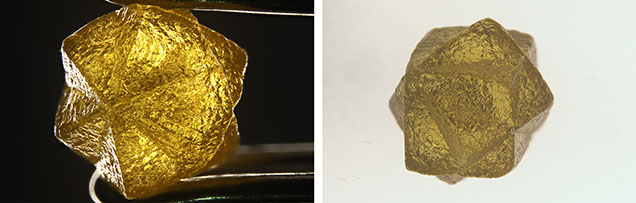Left: The twinned 0.37 ct diamond displays a vivid orangy yellow color. Right: The intersection of cuboid crystals is clearly observed from this view. Photomicrographs by Taryn Linzmeyer; field of view 7.19 mm. Left: The twinned 0.37 ct diamond displays a vivid orangy yellow color. Right: The intersection of cuboid crystals is clearly observed from this view. Photomicrographs by Taryn Linzmeyer; field of view 7.19 mm.