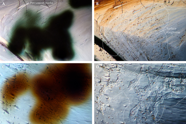 Figure 7. Samples Guy572 (A and B, field of view 0.288 mm) and Guy515 (C and D, field of view 0.144 mm) display surface textures coincident with green (A) and brown (C) radiation staining. The surface roughness in B contains rounded pits. Percussion marks labeled in A are abrasion and transport features typically associated with placer diamonds such as these. Reflected light images were taken using white-balanced DIC settings to increase shadow contrast. Photomicrographs by Taryn Linzmeyer. Figure 7. Samples Guy572 (A and B, field of view 0.288 mm) and Guy515 (C and D, field of view 0.144 mm) display surface textures coincident with green (A) and brown (C) radiation staining. The surface roughness in B contains rounded pits. Percussion marks labeled in A are abrasion and transport features typically associated with placer diamonds such as these. Reflected light images were taken using white-balanced DIC settings to increase shadow contrast. Photomicrographs by Taryn Linzmeyer.