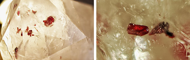 Bright red to dark red crystals of cinnabar in colorless quartz. Photomicrographs by Wingtak Lui; fields of view 16 mm (left) and 5 mm (right). Bright red to dark red crystals of cinnabar in colorless quartz. Photomicrographs by Wingtak Lui; fields of view 16 mm (left) and 5 mm (right).