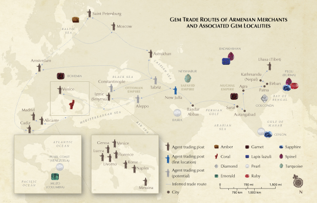 Figure 12. This map illustrates the principal trading posts of the Mirman family’s commenda agents across Eurasia, as currently known from available archival evidence, as well as possible sources of the traded gems. This reconstruction remains provisional and will likely expand as further study of the family’s commercial history is undertaken. Figure 12. This map illustrates the principal trading posts of the Mirman family’s commenda agents across Eurasia, as currently known from available archival evidence, as well as possible sources of the traded gems. This reconstruction remains provisional and will likely expand as further study of the family’s commercial history is undertaken.