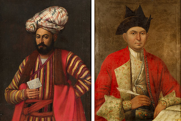 Figure 13. Wealthy Armenian merchants combined European and Islamicate fashions to suit different social and commercial contexts. While frequently wearing silk turbans (left), they were also recognizable in bazaars and port cities by their triangular-shaped hats (right). The left image depicts Melcon di Nazar, a seventeenth-century Armenian merchant, while the portrait on the right shows a mid-eighteenth-century equivalent in Amsterdam. Courtesy of a private collection and Sebouh Aslanian (left) and Merujan Karapetyan (right). Figure 13. Wealthy Armenian merchants combined European and Islamicate fashions to suit different social and commercial contexts. While frequently wearing silk turbans (left), they were also recognizable in bazaars and port cities by their triangular-shaped hats (right). The left image depicts Melcon di Nazar, a seventeenth-century Armenian merchant, while the portrait on the right shows a mid-eighteenth-century equivalent in Amsterdam. Courtesy of a private collection and Sebouh Aslanian (left) and Merujan Karapetyan (right).