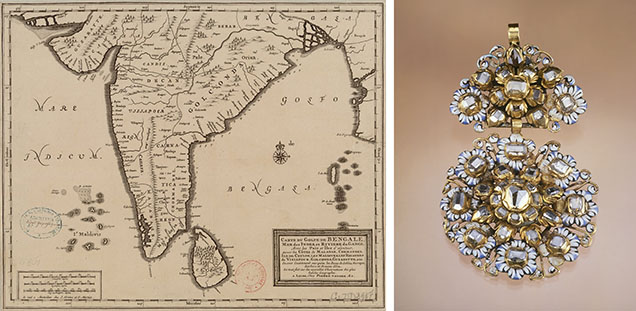 Figure 17. Left: Until diamonds were discovered in Brazil around 1725, India’s Golconda mines were virtually the only source. Golconda’s diamonds were crucial to the British East India Company trade and were coveted by Mughal emperors and European royalty alike. Courtesy of the National Library of France. Right: This European gold and enamel hat ornament from the 1600s, accented with table-cut diamonds likely recovered from the Golconda mines, shows how these gems also adorned more modest pieces. Photo by Harold and Erica Van Pelt; courtesy of a private collection. Figure 17. Left: Until diamonds were discovered in Brazil around 1725, India’s Golconda mines were virtually the only source. Golconda’s diamonds were crucial to the British East India Company trade and were coveted by Mughal emperors and European royalty alike. Courtesy of the National Library of France. Right: This European gold and enamel hat ornament from the 1600s, accented with table-cut diamonds likely recovered from the Golconda mines, shows how these gems also adorned more modest pieces. Photo by Harold and Erica Van Pelt; courtesy of a private collection.