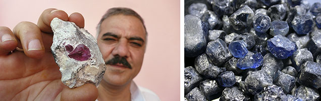 Figure 22. Gregorio di Girach-Mirman’s gemstone inventory very likely contained ruby and sapphire sourced from Central Asian mines. Possible sources include the ruby mines of Jegdalek, Afghanistan, which still supply the gem market in Kabul today (left), and the sapphire deposits of Afghanistan’s Badakhshan Province, which reportedly provided the modern examples shown on the right. Photos by Vincent Pardieu. Figure 22. Gregorio di Girach-Mirman’s gemstone inventory very likely contained ruby and sapphire sourced from Central Asian mines. Possible sources include the ruby mines of Jegdalek, Afghanistan, which still supply the gem market in Kabul today (left), and the sapphire deposits of Afghanistan’s Badakhshan Province, which reportedly provided the modern examples shown on the right. Photos by Vincent Pardieu.
