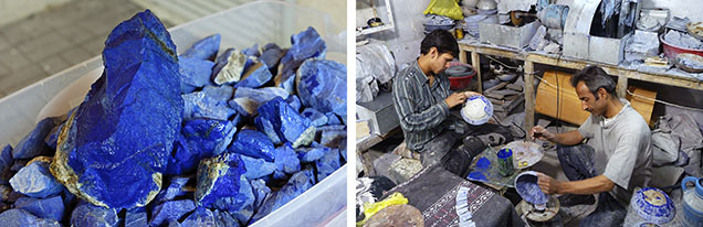 Figure 26. Left: The lapis lazuli in Gregorio di Girach-Mirman’s inventory undoubtedly came from the mines of Sar-e-Sang in Afghanistan’s Badakhshan Province, the source of these modern examples. Photo by Eric Welch. Right: In Kabul today, these artisans fabricate lapis-inlaid bowls, the same type of work Mirman’s agents would have encountered along this stretch of early modern trade routes. Photo by Vincent Pardieu. Figure 26. Left: The lapis lazuli in Gregorio di Girach-Mirman’s inventory undoubtedly came from the mines of Sar-e-Sang in Afghanistan’s Badakhshan Province, the source of these modern examples. Photo by Eric Welch. Right: In Kabul today, these artisans fabricate lapis-inlaid bowls, the same type of work Mirman’s agents would have encountered along this stretch of early modern trade routes. Photo by Vincent Pardieu.