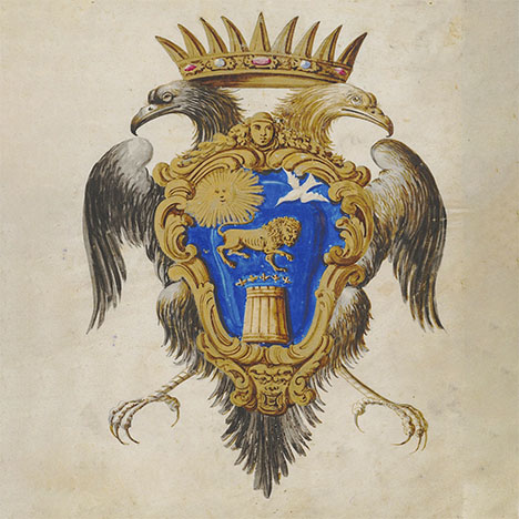 Figure 7. The Girach-Mirman family coat of arms features a double-headed eagle surmounted by a gem-studded crown, alongside the Persian Lion and Sun emblem, long recognized as a central symbol of Iran, as well as the beehive symbolizing the wealth of the family capital. Courtesy of the Matenadaran State Repository of Ancient Manuscripts, Manuscript 372. Figure 7. The Girach-Mirman family coat of arms features a double-headed eagle surmounted by a gem-studded crown, alongside the Persian Lion and Sun emblem, long recognized as a central symbol of Iran, as well as the beehive symbolizing the wealth of the family capital. Courtesy of the Matenadaran State Repository of Ancient Manuscripts, Manuscript 372.