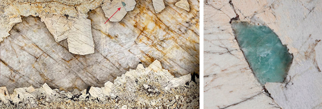 Figure 1. Left: The polished pegmatite plate measures 3.28 m × 1.80 m × 2.5 cm and originates from the Governador Valadares area, Minas Gerais, Brazil. At the top of the plate, an unidentified bluish green translucent mineral is present (indicated by the arrow). Right: An enlargement of the 7.1 × 2.9 cm bluish green mineral, which formed in a vacuole between two crystals of perthitic microcline. Photo by Pierre Barbey. Figure 1. Left: The polished pegmatite plate measures 3.28 m × 1.80 m × 2.5 cm and originates from the Governador Valadares area, Minas Gerais, Brazil. At the top of the plate, an unidentified bluish green translucent mineral is present (indicated by the arrow). Right: An enlargement of the 7.1 × 2.9 cm bluish green mineral, which formed in a vacuole between two crystals of perthitic microcline. Photo by Pierre Barbey.