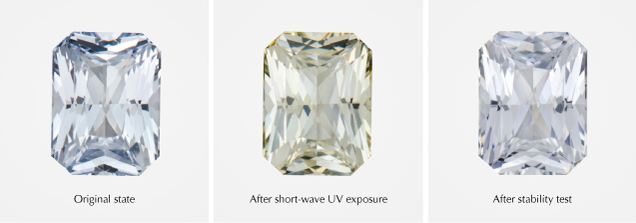Figure 1. Reversible photochromism in a 2.38 ct heat-treated Sri Lankan sapphire. Exposure to short-wave ultraviolet radiation for 30 to 40 seconds produced a temporary yellow color. After approximately six hours under GIA color-stability testing conditions, the stone returned to an appearance similar to its original very light blue coloration. Photos by Lhapsin Nillapat.
