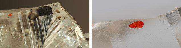 Left: Contact-twinned calcite host with scattered red realgar inclusions. Right: A closer view of one of the vivid inclusions. Photomicrographs by Wingtak Lui; fields of view 12 mm (left) and 3.2 mm (right). Left: Contact-twinned calcite host with scattered red realgar inclusions. Right: A closer view of one of the vivid inclusions. Photomicrographs by Wingtak Lui; fields of view 12 mm (left) and 3.2 mm (right).