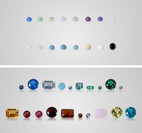 Figure 3. Top: Translucent to opaque glass-ceramic samples (0.10–0.16 ct) examined in this study, from left to right: GC-25 to GC-32 (top row) and GC-33 to GC-40 (bottom row). Bottom: Samples weighing 0.03–1.13 ct, from left to right: GC-101 to GC-110 (top row) and GC-111 to GC-120 (bottom row). Photos by Nuttapol Kitdee.