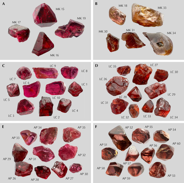 Figure 3. Representative red (left) and orange (right) spinel samples from Mogok (A: 0.19–0.60 ct and B: 0.35–2.59 ct), Lang Chap (C: 0.33–0.54 ct and D: 0.31–2.82 ct), and An Phu (E: 0.42–4.31 ct and F: 0.24–1.55 ct). Photos by Boonyapak Aksorn.