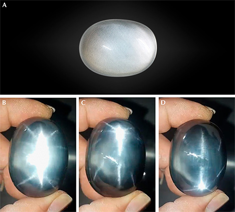 Light blue topaz displays an eight-rayed star effect. Light blue topaz displays an eight-rayed star effect.