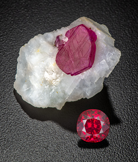 Ruby crystal in matrix and unheated faceted ruby from Mogok, Myanmar Ruby crystal in matrix and unheated faceted ruby from Mogok, Myanmar