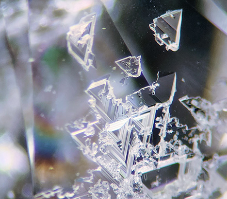 A collection of trigons on the pavilion surface of a round brilliant-cut diamond. Photomicrograph by Isabelle Corvin; field of view approximately 2.0 mm.
