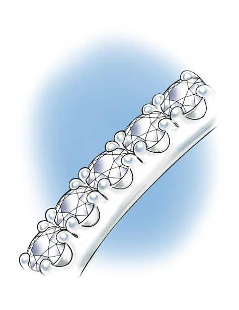 Close-up perspective view of a section of the shank of a platinum solitaire, featuring diamonds set in a bead-style prong setting. The top of the setting is visible. Close-up perspective view of a section of the shank of a platinum solitaire, featuring diamonds set in a bead-style prong setting. The top of the setting is visible.