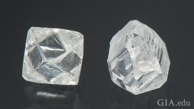 One natural and one man-made diamond crystal, side-by-side. One natural and one man-made diamond crystal, side-by-side.