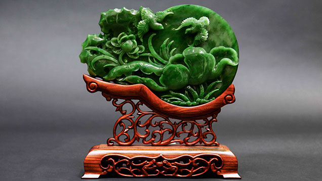 Jade carving with lotus flowers and birds
