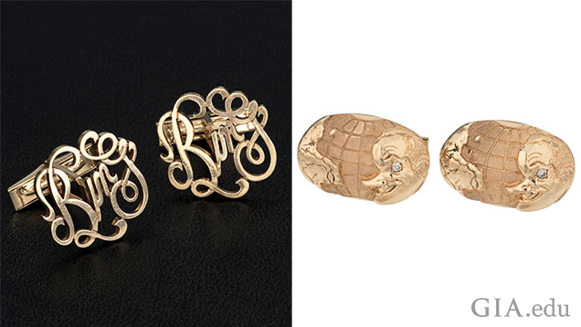Left: “Bing” done in scroll writing. Right: Cufflinks with Bob Hope’s profile. 