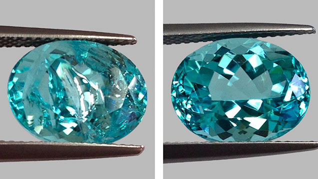 Paraíba tourmaline fissure before and after treatment Paraíba tourmaline fissure before and after treatment