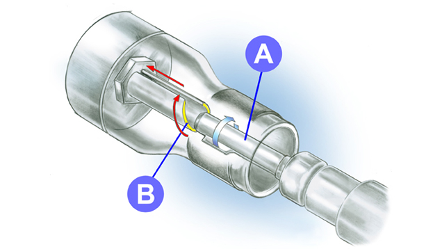 The rotating keyed tip portion of the flexible shaft fits and slides into the locking mechanism of the flex shaft handle 