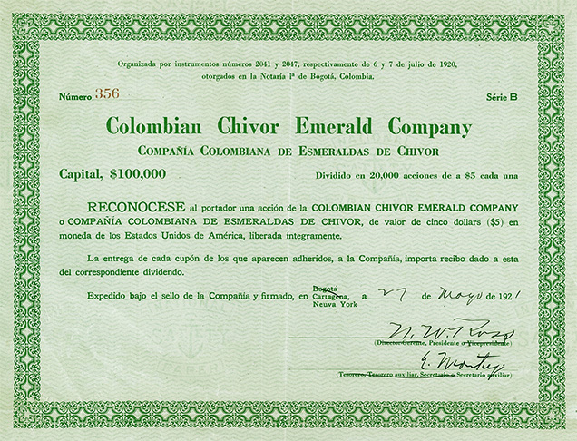 Share certificate for the Colombian Chivor Emerald Company Share certificate for the Colombian Chivor Emerald Company