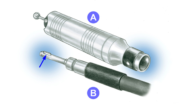 The handpiece fits onto the end of the flexshaft, but must be properly aligned