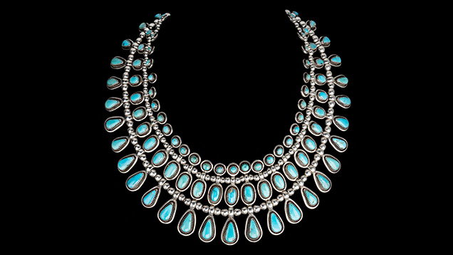Figure 1. “Cleopatra” sterling silver necklace designed by Frank Patania Sr., featuring 99 Morenci turquoise stones. Photo by Robert Weldon; courtesy of Patania Jewelry. Figure 1. “Cleopatra” sterling silver necklace designed by Frank Patania Sr., featuring 99 Morenci turquoise stones. Photo by Robert Weldon; courtesy of Patania Jewelry.