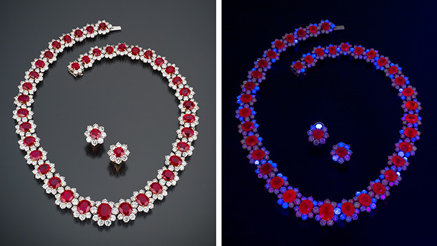 This necklace contains 39 untreated Burmese rubies totaling 83.73 carats and 302 diamonds totaling 42.62 carats. Many of the gems glow under UV light. 