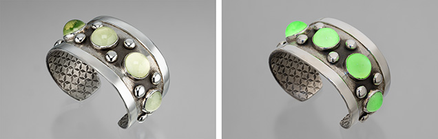 Figure 4. Silver cuff by Marco Patania. Note the antique uranium glass marble beads that fluoresce under UV light (right) and the hand stamping on the interior. Photos by Robert Weldon; courtesy of Patania Jewelry. Figure 4. Silver cuff by Marco Patania. Note the antique uranium glass marble beads that fluoresce under UV light (right) and the hand stamping on the interior. Photos by Robert Weldon; courtesy of Patania Jewelry.