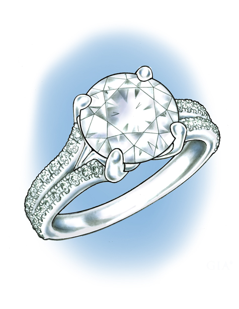 Perspective view of a platinum solitaire ring, featuring diamonds in the shank set in a bead-style prong setting Perspective view of a platinum solitaire ring, featuring diamonds in the shank set in a bead-style prong setting