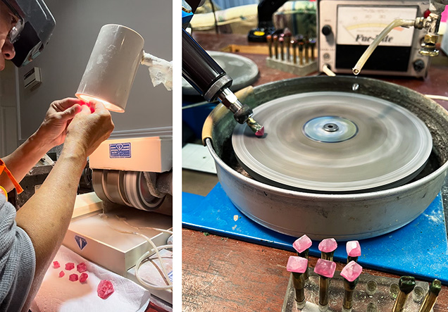 Figure 3. Converting a parcel of rhodochrosite rough into finished gems, from inspecting and grinding the rough (left) to the preformed and dopped rough (right). Courtesy of Ben Kho. Figure 3. Converting a parcel of rhodochrosite rough into finished gems, from inspecting and grinding the rough (left) to the preformed and dopped rough (right). Courtesy of Ben Kho.