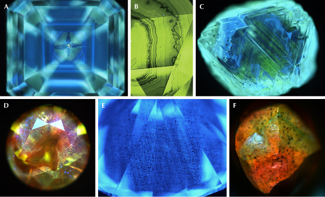 Six images of various mineral crystals, showcasing different colors, textures, and structures under magnification.