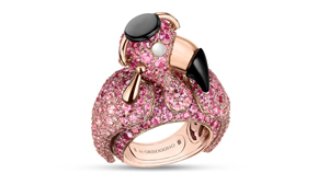 De Grisogono’s “Crazymal” collection introduced in Basel combines humor and craftsmanship to a luxury line. This pink flamingo ring is 18k gold, pink sapphire and colorless diamonds. Courtesy of De Grisogono