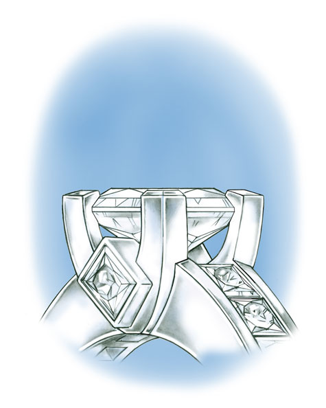 Close-up view of the mounting of a platinum princess-cut solitaire ring Close-up view of the mounting of a platinum princess-cut solitaire ring
