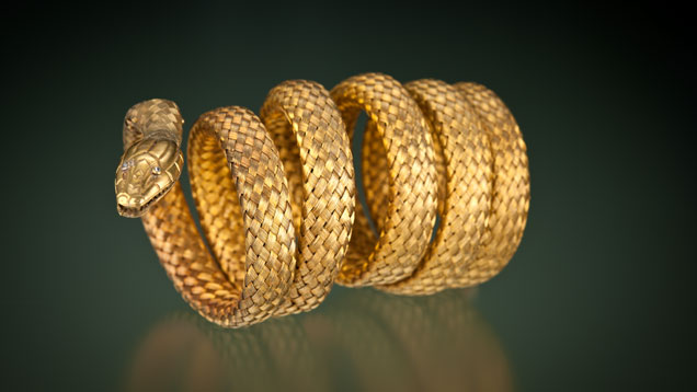 This Victorian gold snake bracelet circa 1875 features woven, stamped and engraved gold set with diamond eyes. Gift of Mona Lee Nesseth, photo by Robert Weldon/GIA