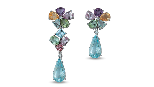 The “Alice” drop earrings feature imperial topaz, amethyst, aquamarine, green and pink tourmaline, morganite and diamond set in 18K white gold.