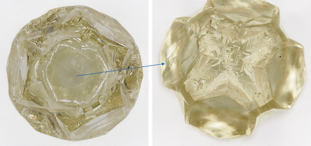 Figure 1. Left: This 3.49 ct yellow diamond with a diameter of ~7 mm exhibits a unique shape due to a combination of growth and dissolution features. Right: Tetragonal etch pits suggesting dissolution on cubic faces of initial habit. Photos by Cristiano Ferraris. Figure 1. Left: This 3.49 ct yellow diamond with a diameter of ~7 mm exhibits a unique shape due to a combination of growth and dissolution features. Right: Tetragonal etch pits suggesting dissolution on cubic faces of initial habit. Photos by Cristiano Ferraris.