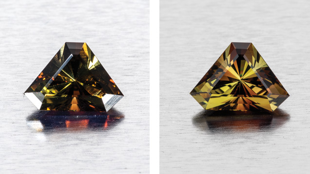 This andalusite from Minas Gerais, Brazil weighs 2.87 ct. This image (left) shows direct lighting, which is not ideal for bringing out the transparent gemstone's rich pleochroic colors. Instead, the direct lighting seems to darken the stone and creates 