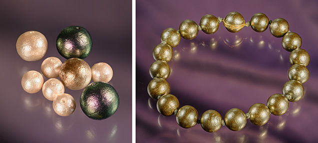 Figure 1. Left: A variety of cotton pearls imitating akoya, golden South Sea, and Tahitian pearls. Right: A necklace featuring pistachio-colored cotton pearls. Photos by Annie Haynes.